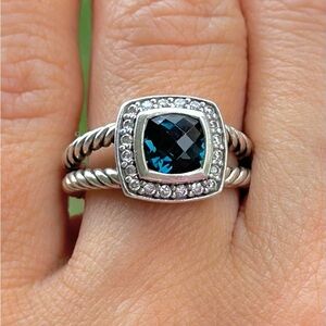 Blue Topaz Silver Ring with Halo of Diamonds